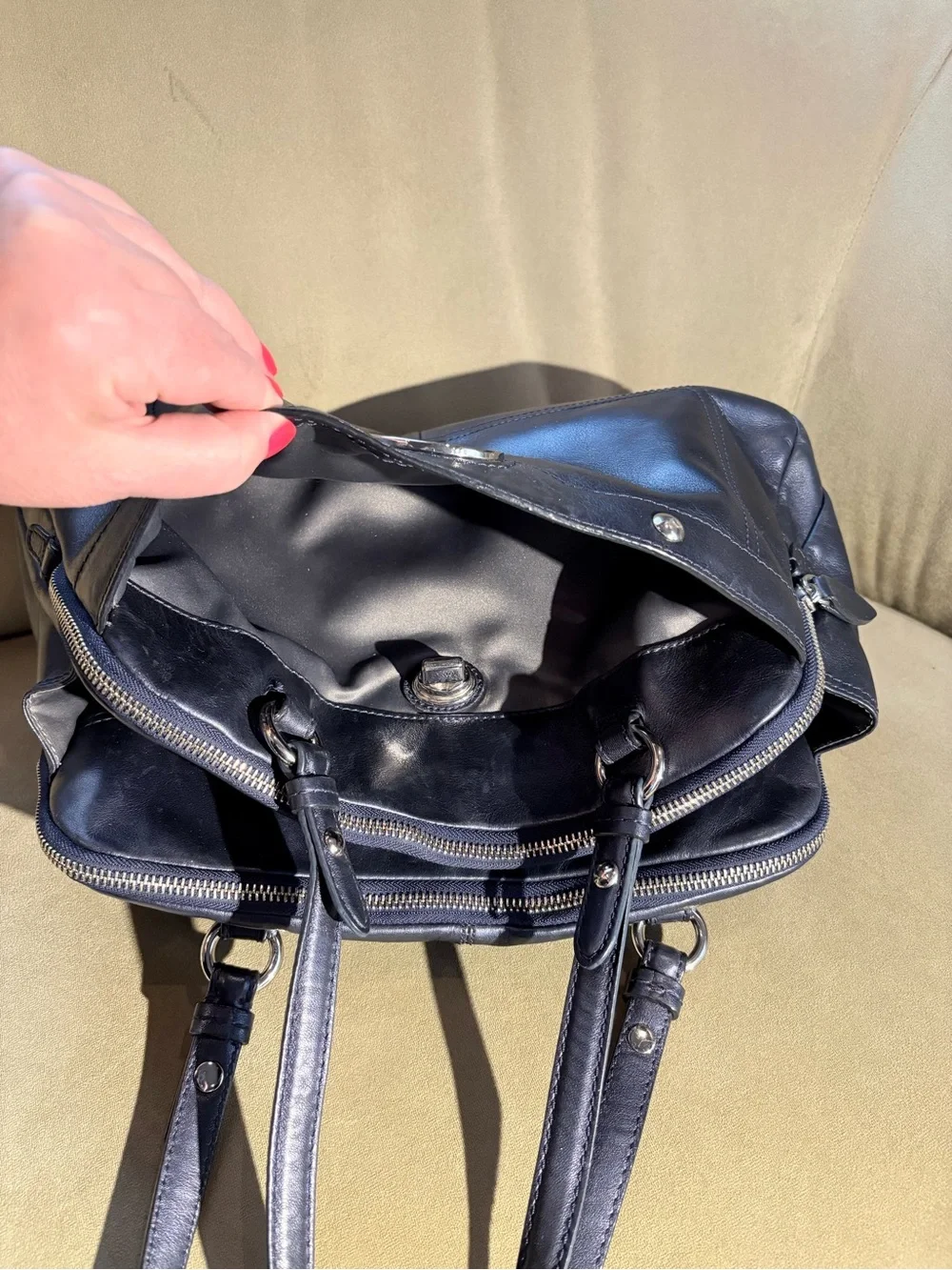 Coach Dark Navy Pearlescent Leather Double-Zip Shoulder Bag with Turn-Lock
